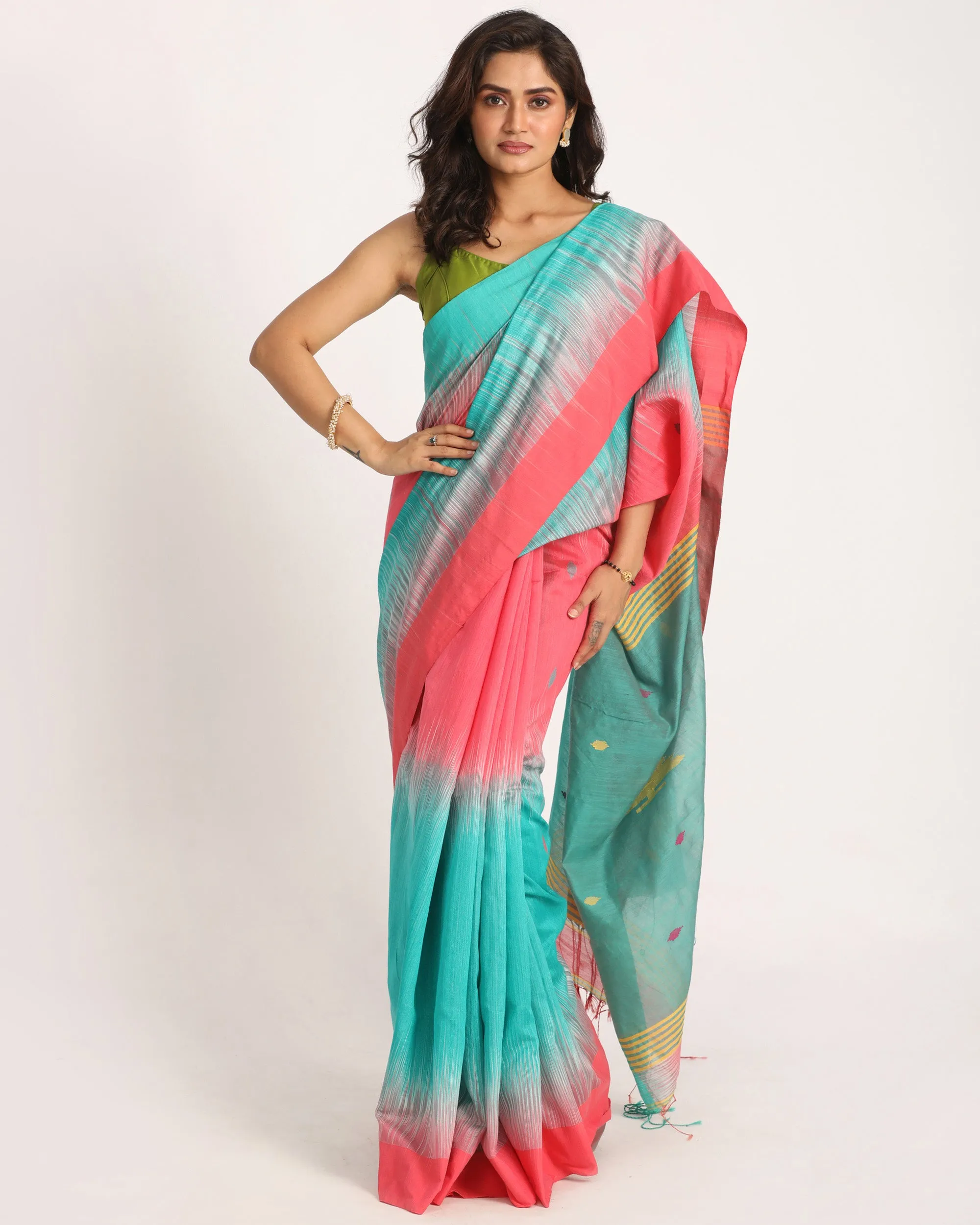 Brink Pink Cotton Blend Handloom Tie Dye Jamdani Saree