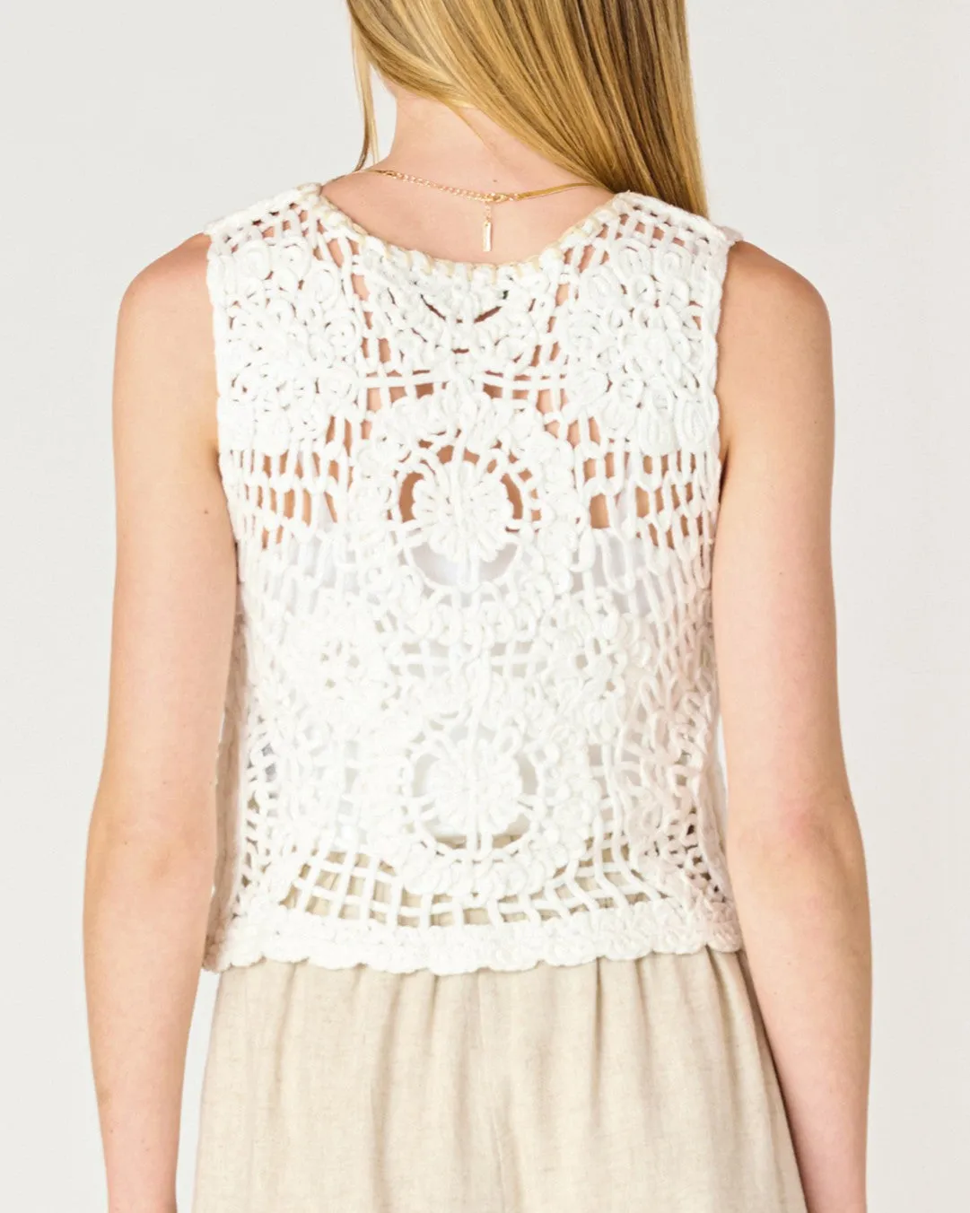 Button Front Crochet Vest - Off White/Beige