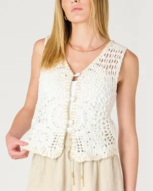 Button Front Crochet Vest - Off White/Beige