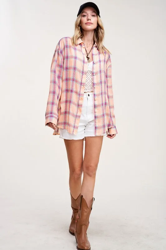 Button Front Relaxed Bold Plaid Cotton Blend Shirt