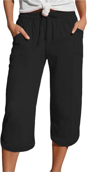 Capri Pants for Women Casual Summer Drawstring Elastic High Waist Linen Pant Cotton Linen Yoga Cropped Trousers