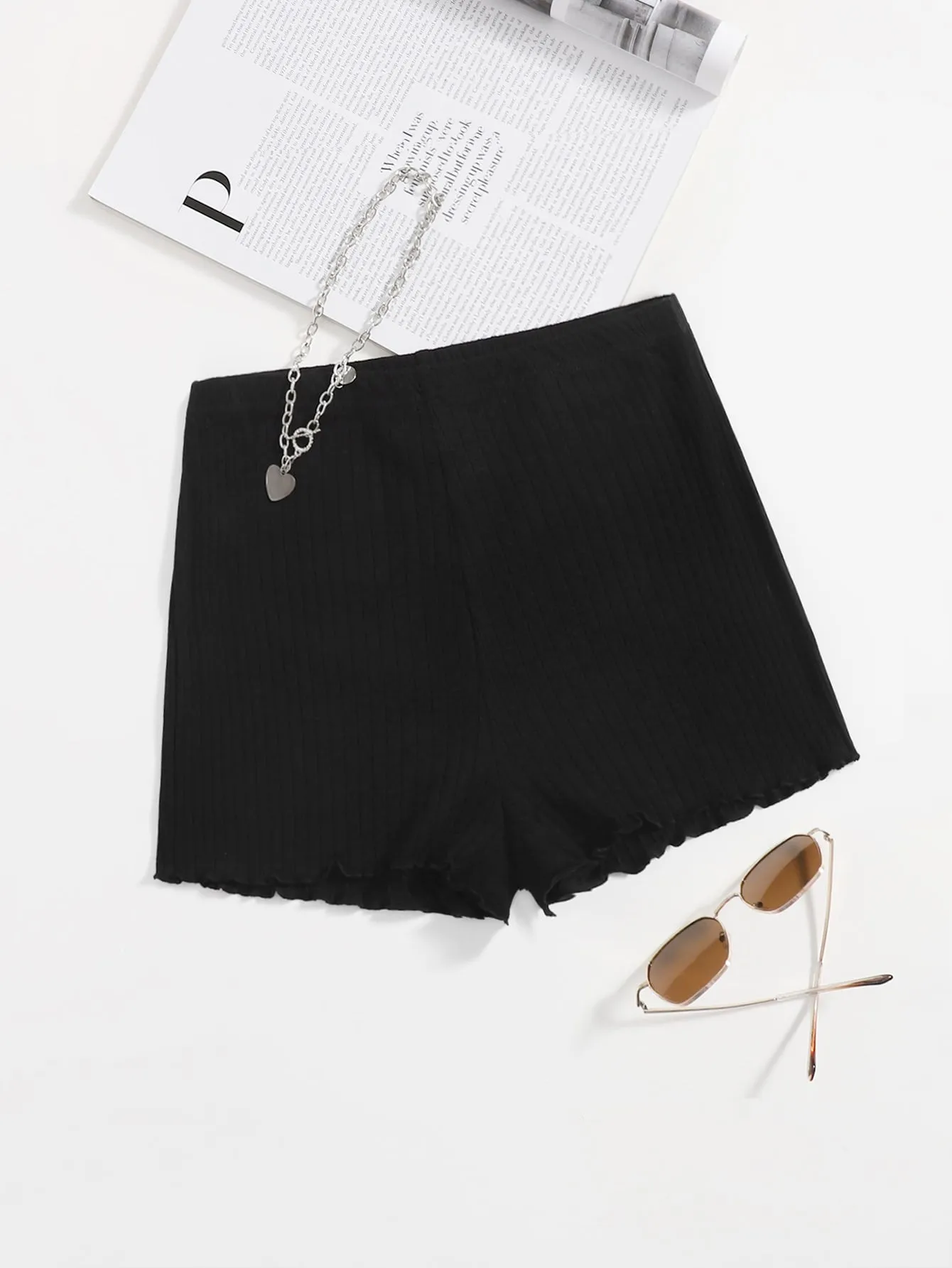 Casual Plain Rib-Knit High Waist Women Shorts