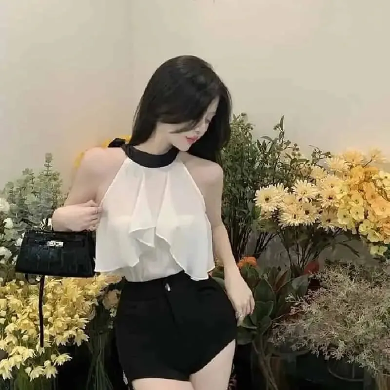 Chiffon Halter Turtleneck Back Bow Sleeveless Blouse