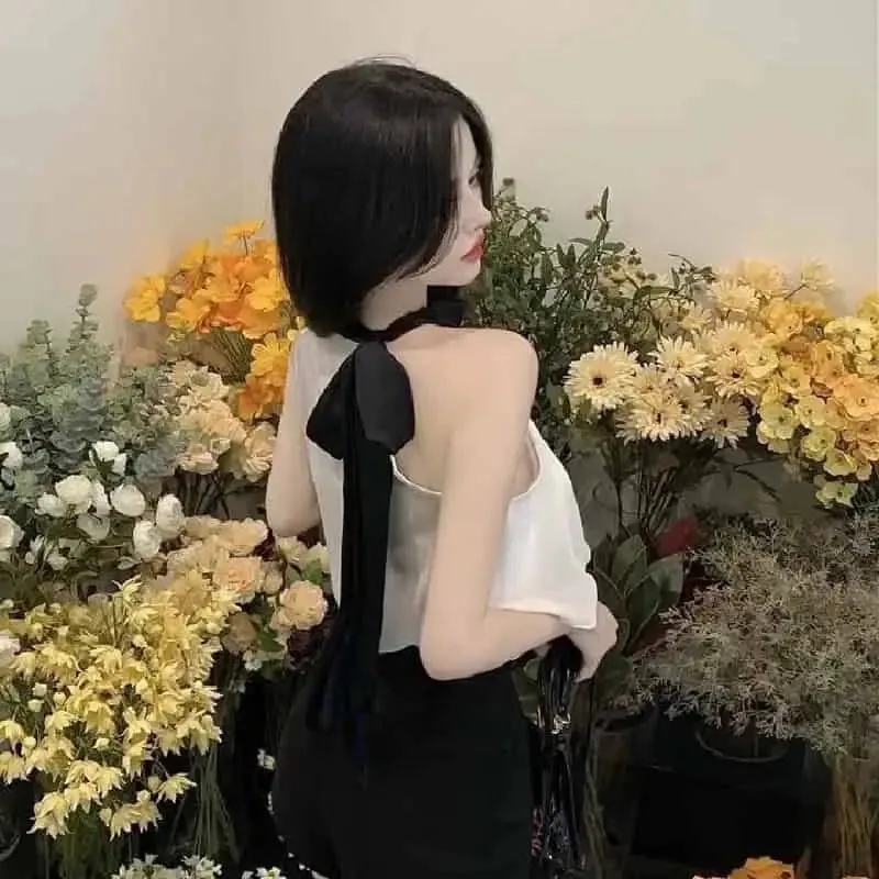 Chiffon Halter Turtleneck Back Bow Sleeveless Blouse