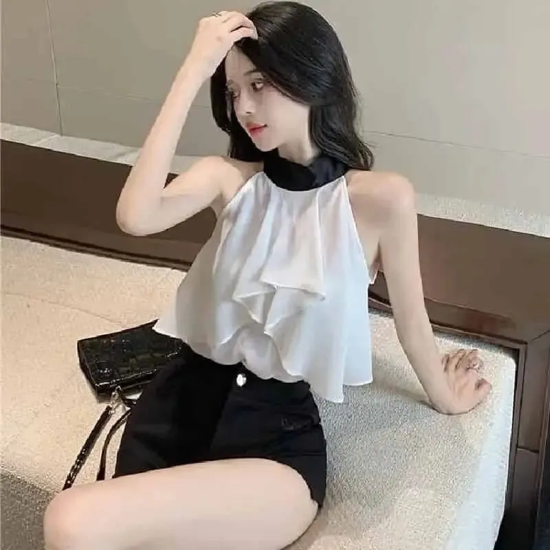 Chiffon Halter Turtleneck Back Bow Sleeveless Blouse
