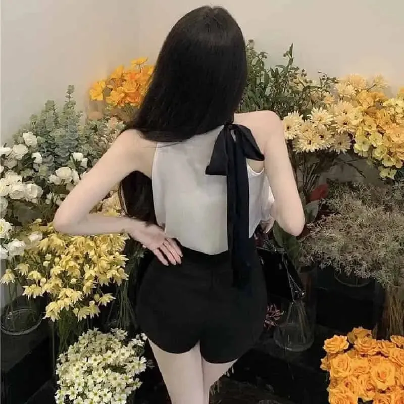 Chiffon Halter Turtleneck Back Bow Sleeveless Blouse