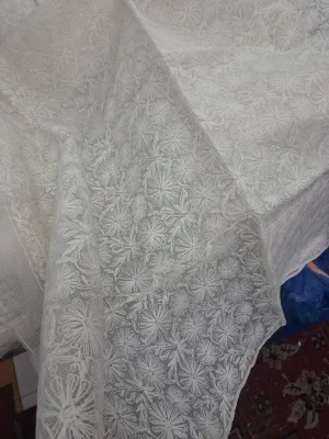 Classic White Hand-Embroidered Chikankari Kota Saree with Matching Blouse