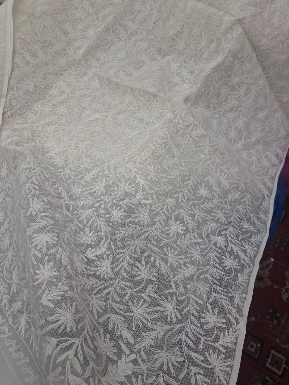 Classic White Hand-Embroidered Chikankari Kota Saree with Matching Blouse
