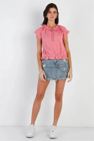 Coral Cotton Textured Self-Tie Collar Detail Ruffle Hem Top /1-2-2