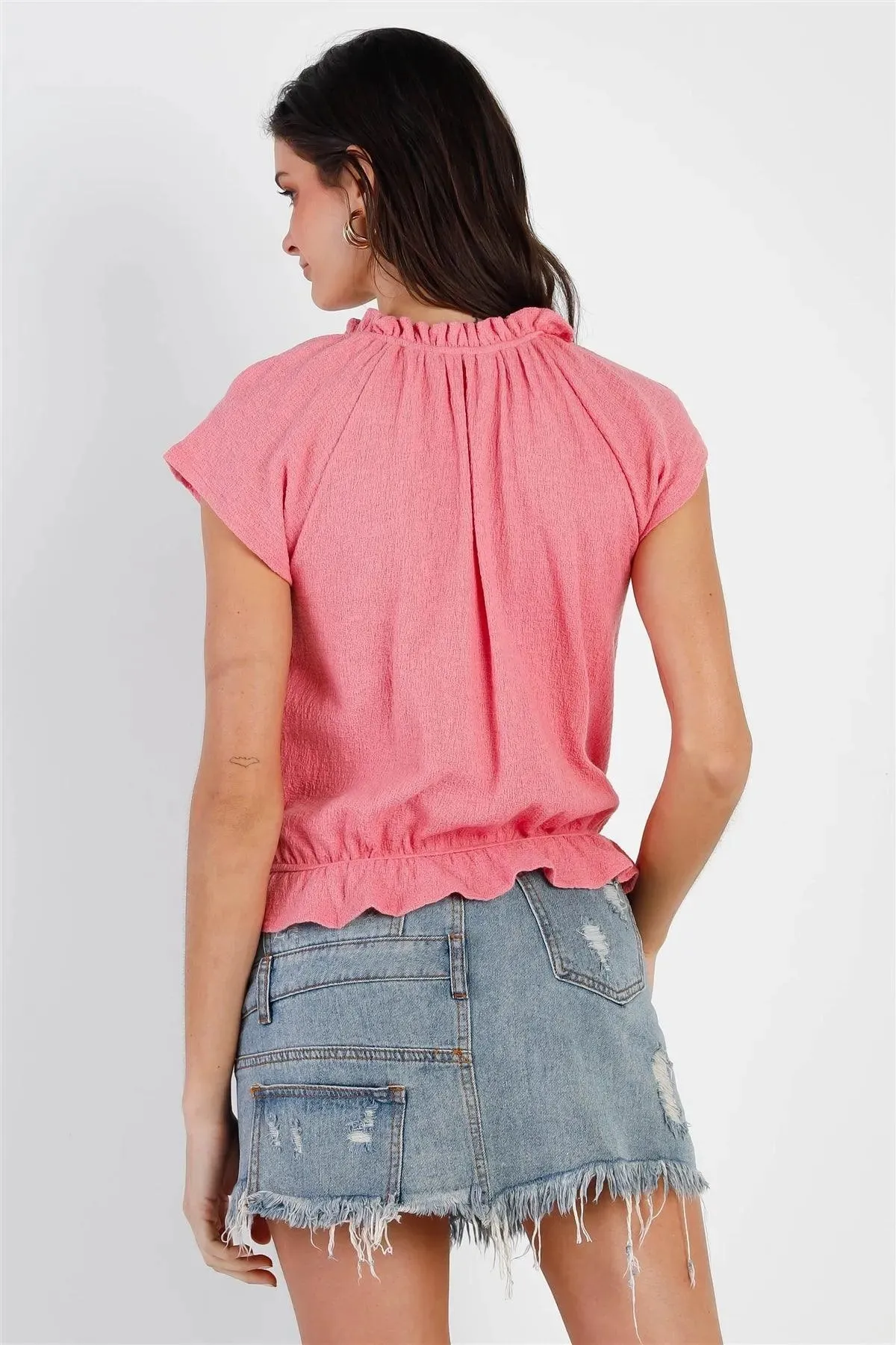 Coral Cotton Textured Self-Tie Collar Detail Ruffle Hem Top /1-2-2