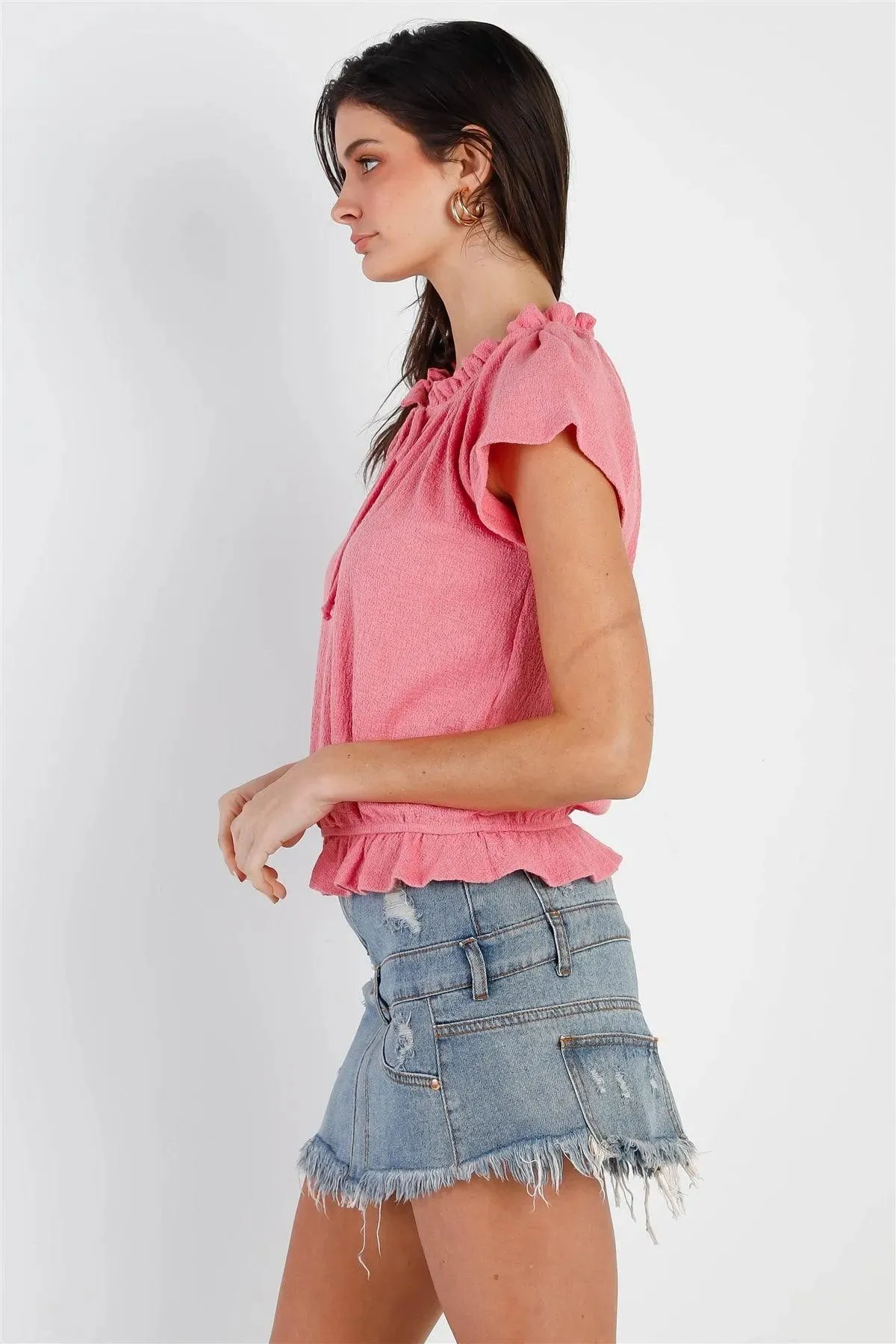 Coral Cotton Textured Self-Tie Collar Detail Ruffle Hem Top /1-2-2
