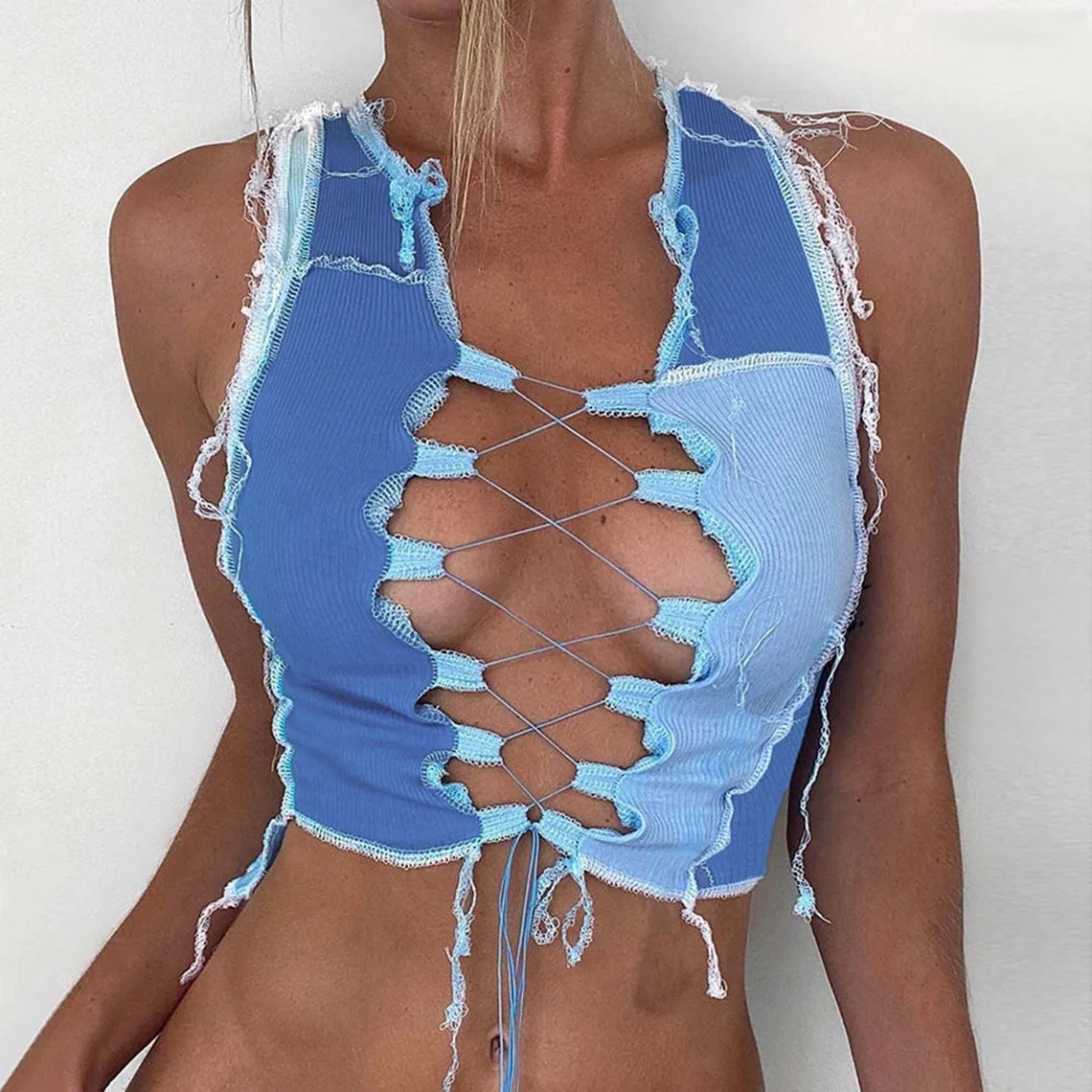 Crossed Strings Front Tie Knot Blue Crop Top