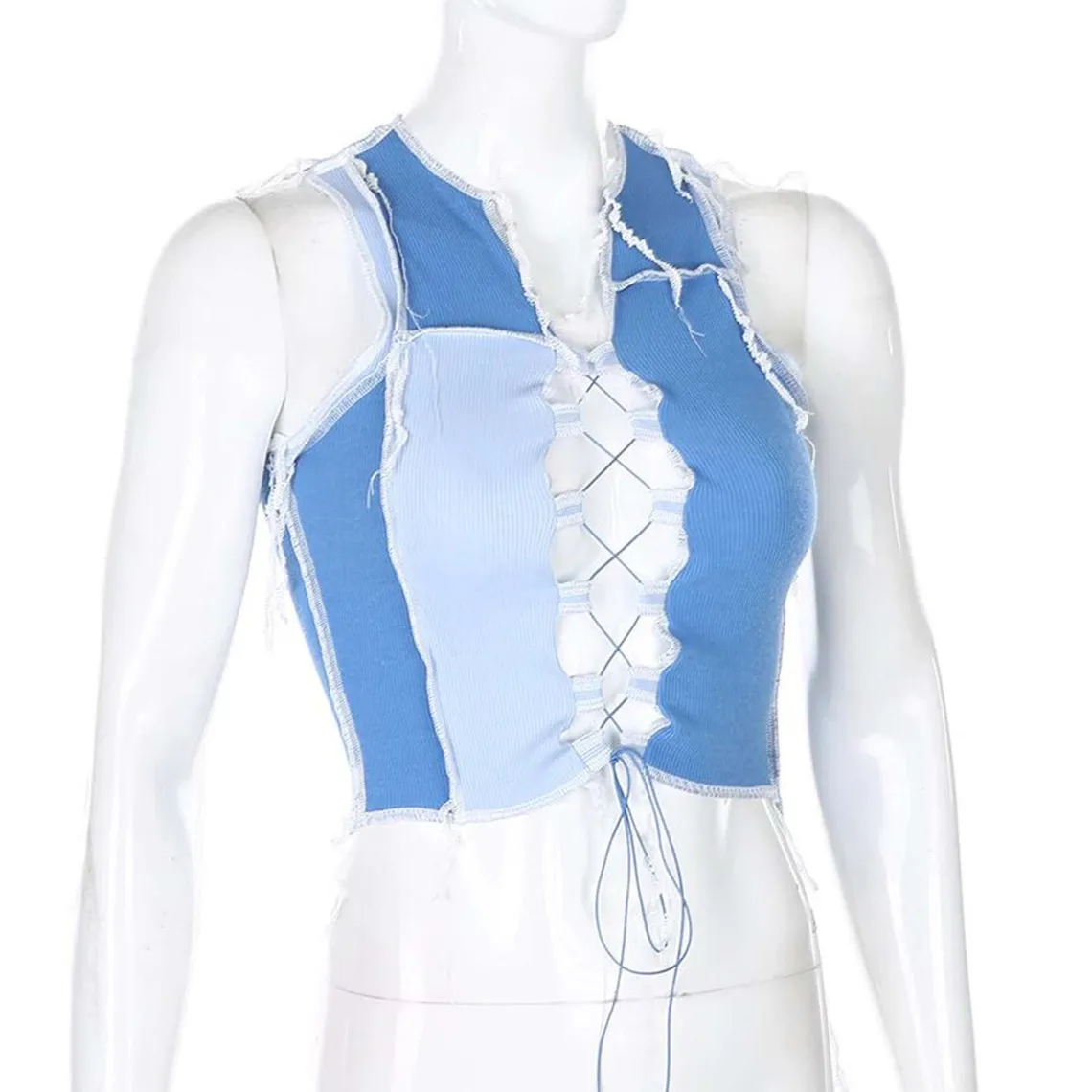 Crossed Strings Front Tie Knot Blue Crop Top