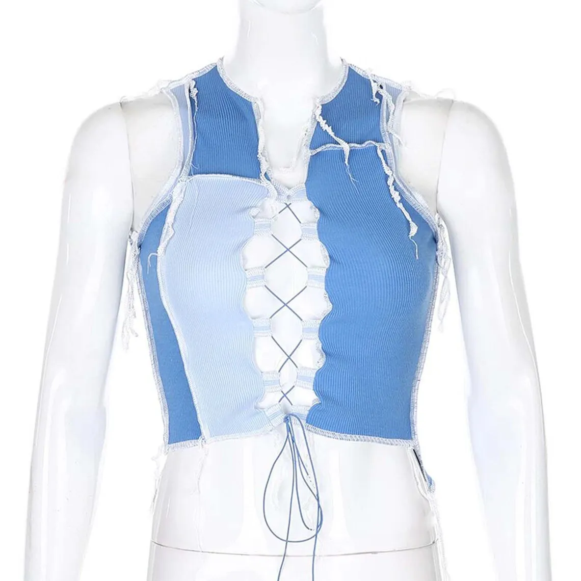 Crossed Strings Front Tie Knot Blue Crop Top