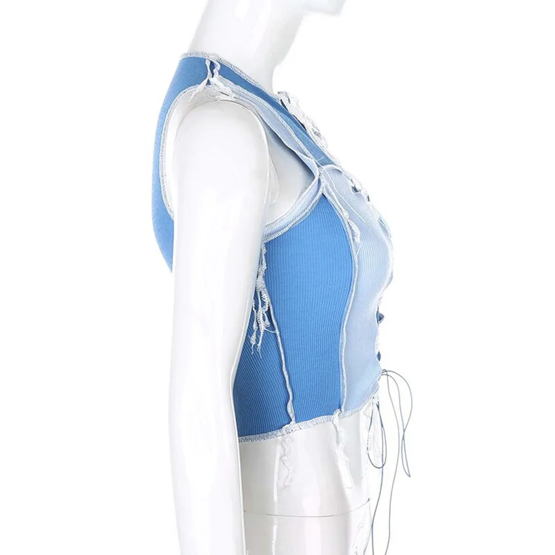 Crossed Strings Front Tie Knot Blue Crop Top