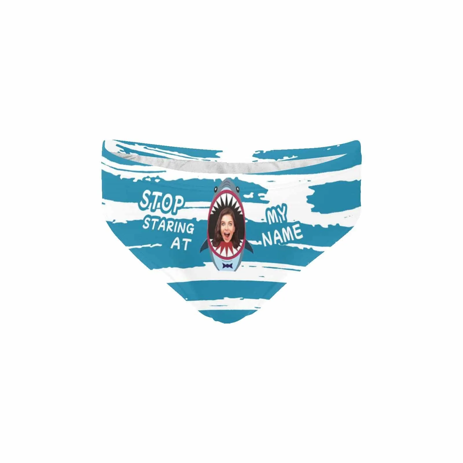 Custom Face & Name Triangle Swim Briefs Personalized Funny Staring At My Shark Men's Swim Shorts for Swimming Water Sports