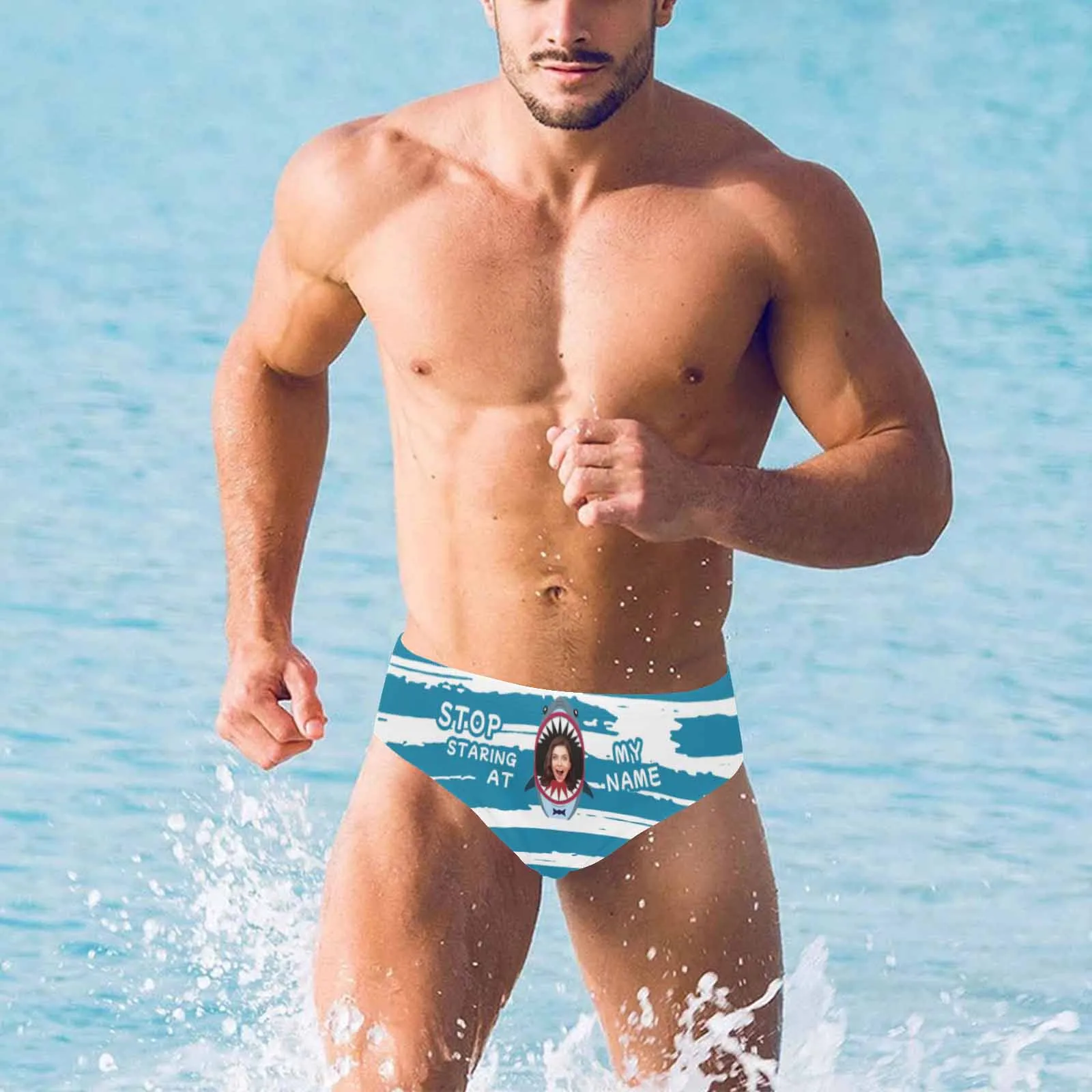 Custom Face & Name Triangle Swim Briefs Personalized Funny Staring At My Shark Men's Swim Shorts for Swimming Water Sports