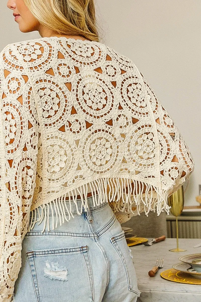 Dolman Sleeve Fringed Crochet Lace Cover Up