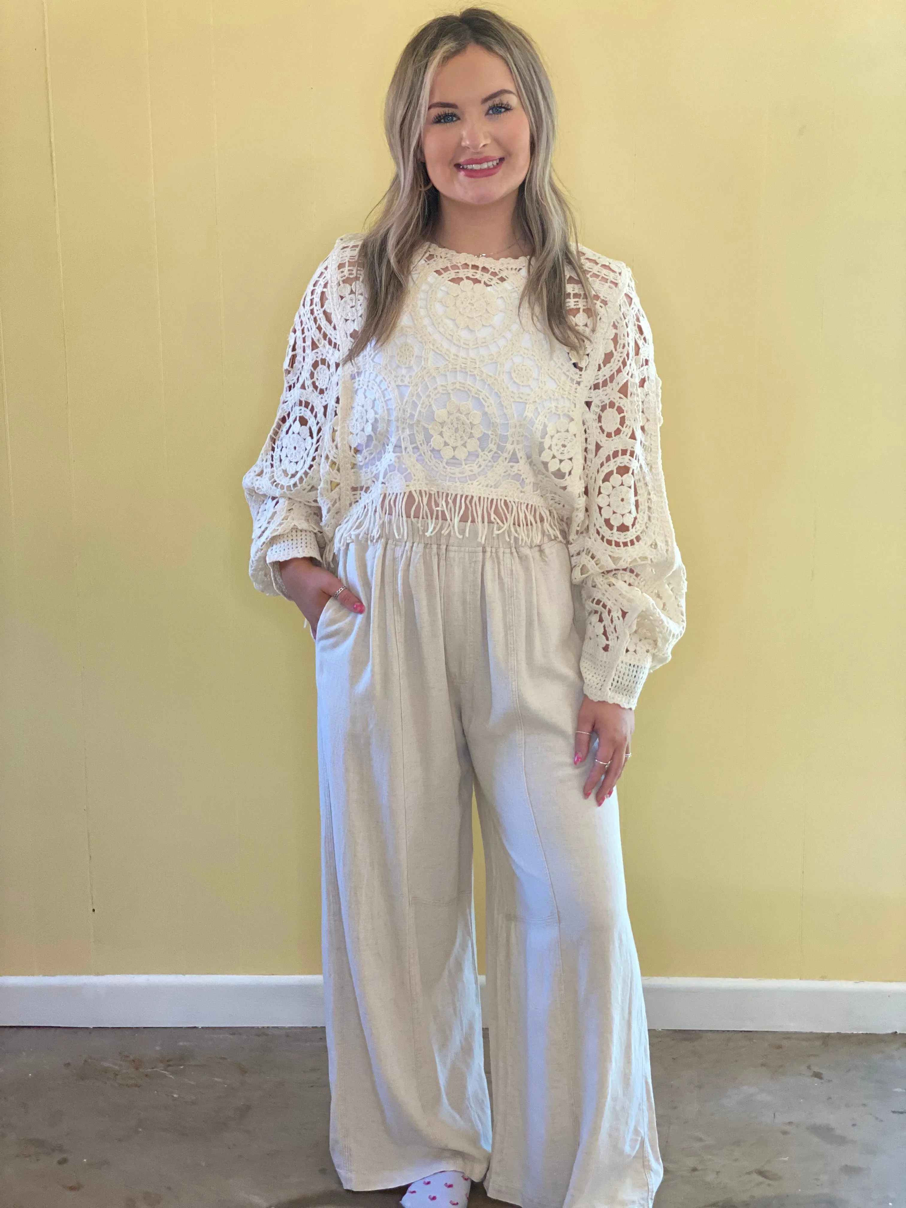 Dolman Sleeve Fringed Crochet Lace Cover Up