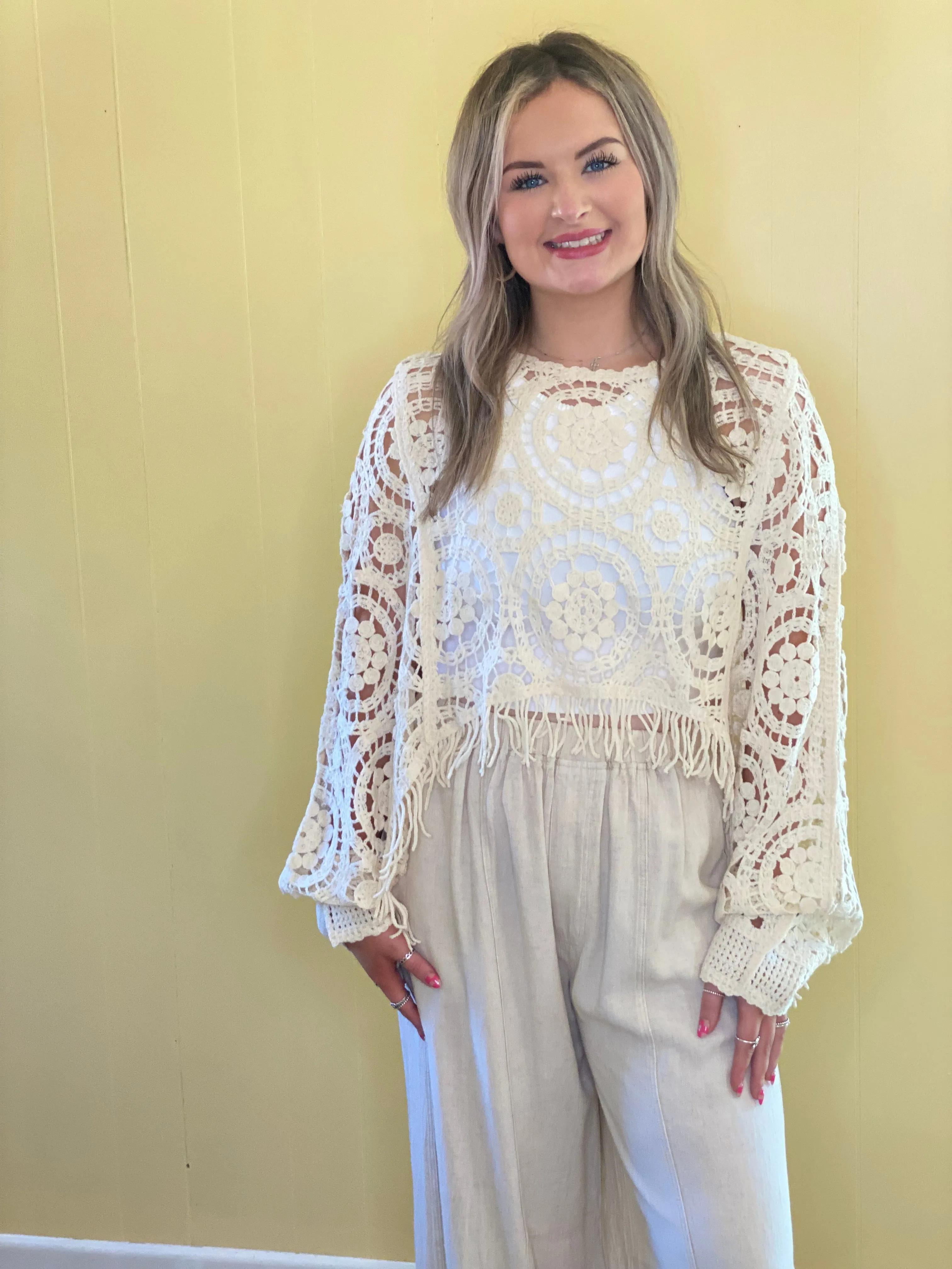 Dolman Sleeve Fringed Crochet Lace Cover Up