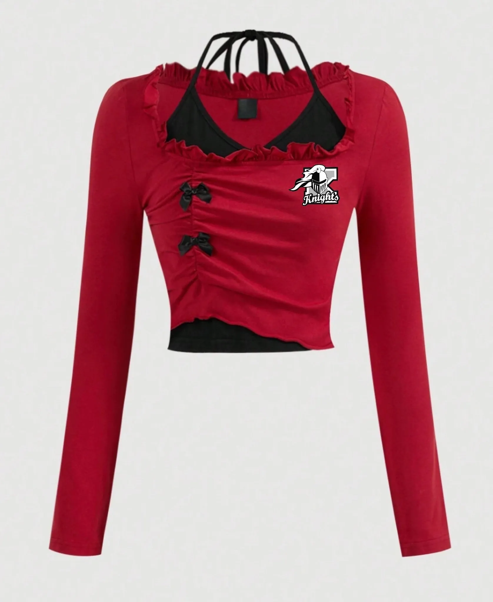 Double Layer Bow Ruffle Long Sleeve Logo Top