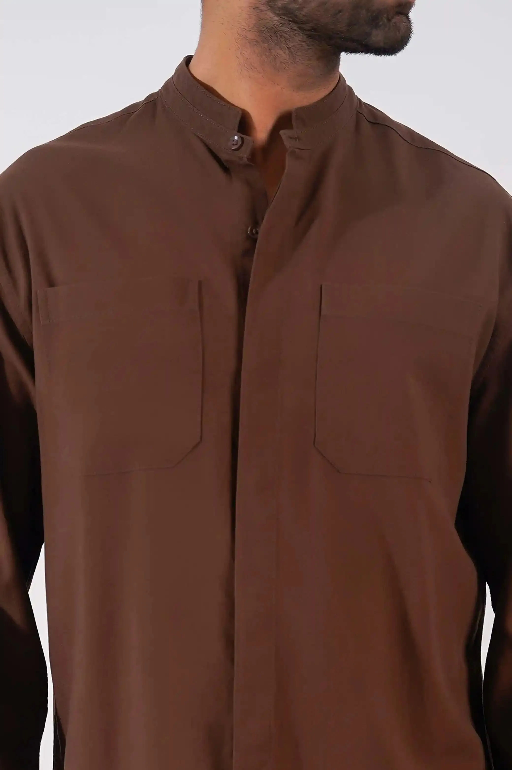 DOUBLE POCKET BAND COLLAR SHIRT