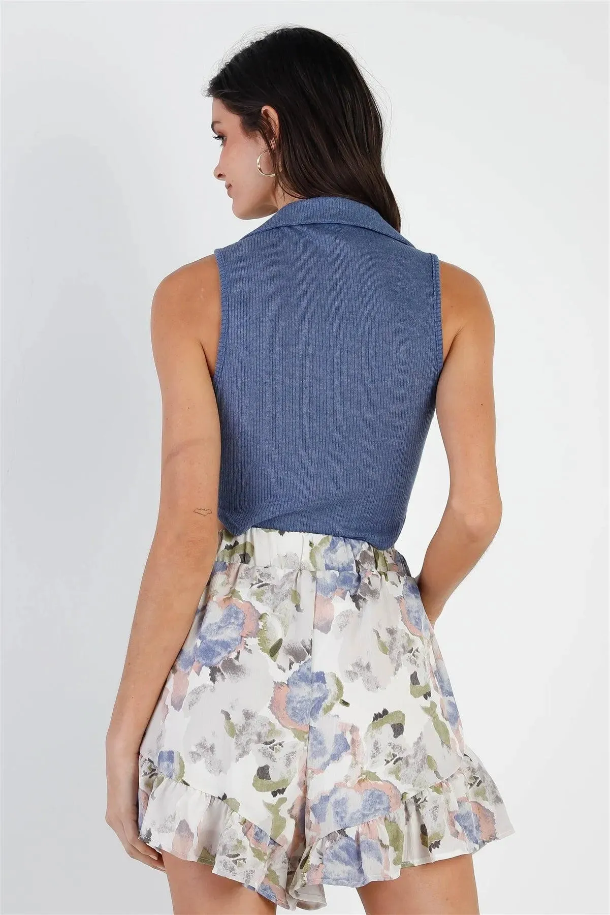 Dusty Blue Ribbed Collared Button Up Detail Sleeveless Crop Top /2-2-1