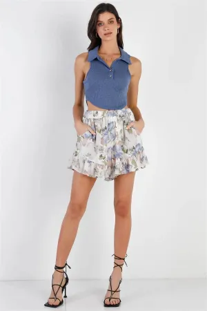 Dusty Blue Ribbed Collared Button Up Detail Sleeveless Crop Top /2-2-1