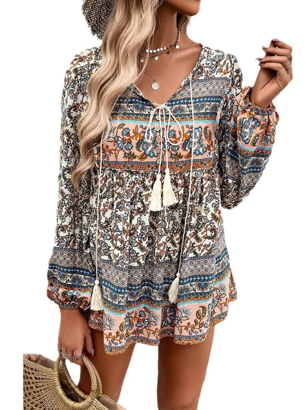 Elethea New Women's Casual Bohemian Print Long Sleeve Top