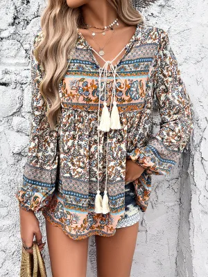 Elethea New Women's Casual Bohemian Print Long Sleeve Top