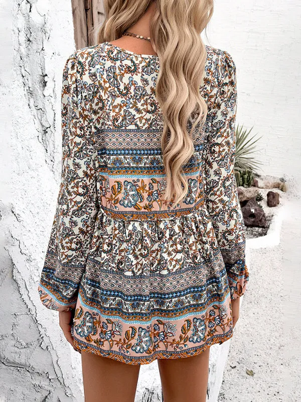 Elethea New Women's Casual Bohemian Print Long Sleeve Top