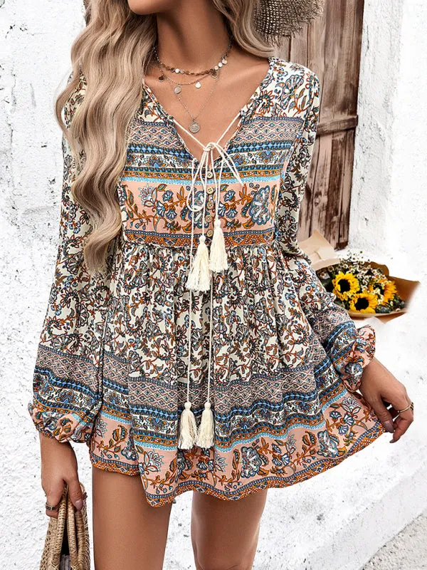 Elethea New Women's Casual Bohemian Print Long Sleeve Top