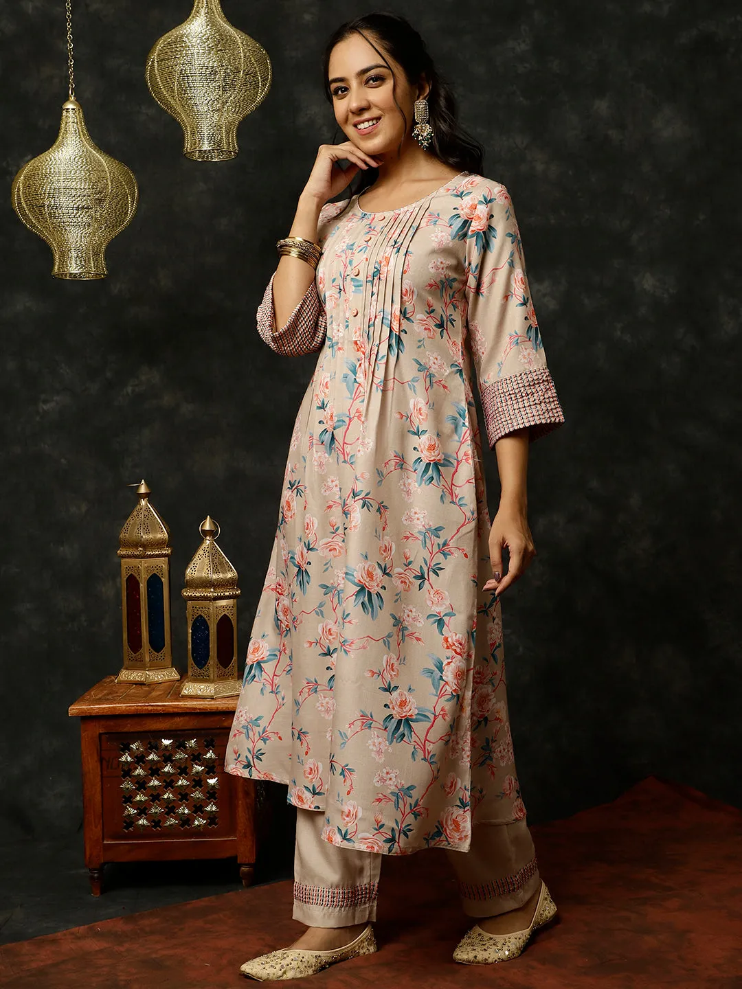 Embroidered Beige Rose Print Pleated Kurta With Pants And Dupatta