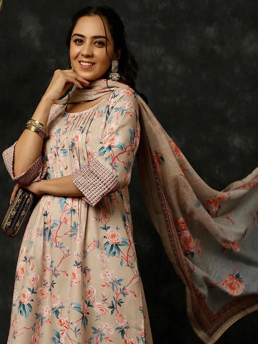 Embroidered Beige Rose Print Pleated Kurta With Pants And Dupatta