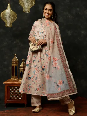 Embroidered Beige Rose Print Pleated Kurta With Pants And Dupatta