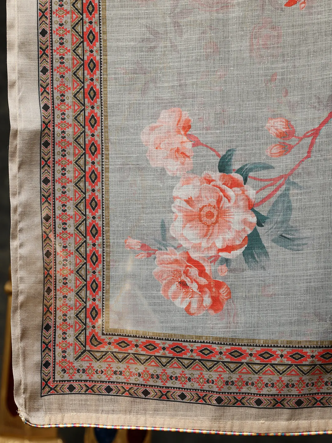 Embroidered Beige Rose Print Pleated Kurta With Pants And Dupatta