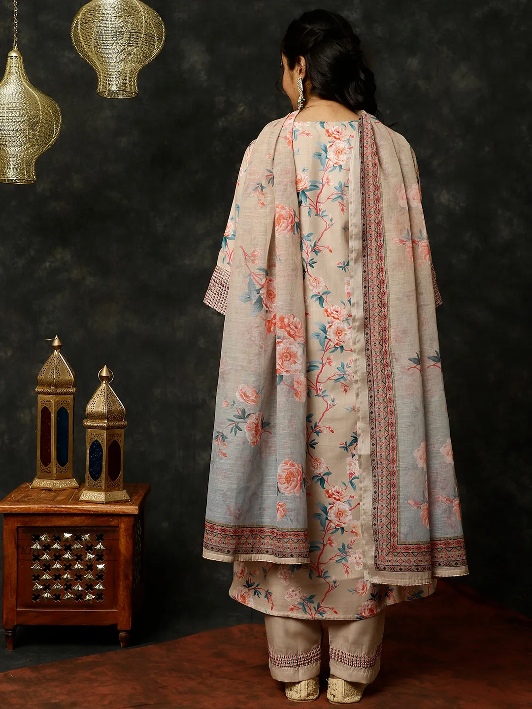 Embroidered Beige Rose Print Pleated Kurta With Pants And Dupatta