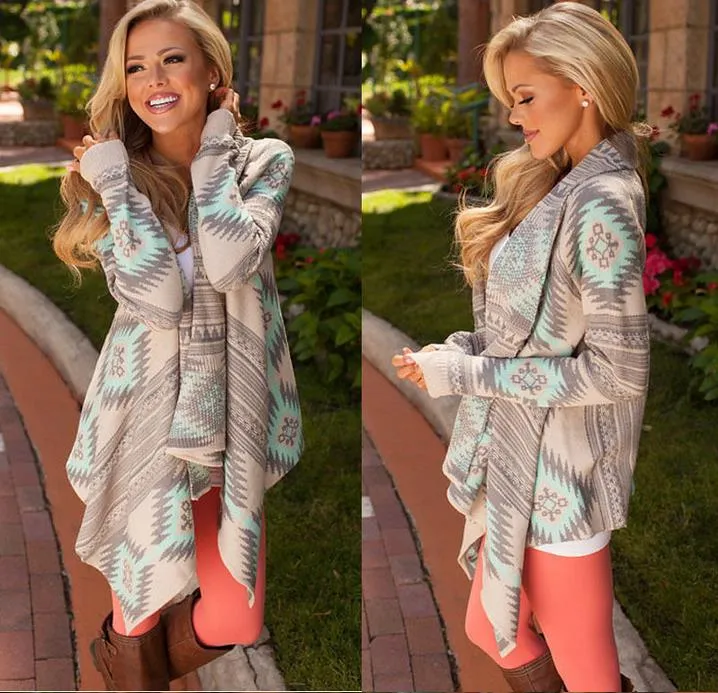 Fashion winter Kimono Knitted Cardigan Long Sleeve Poncho Sweaters Print irregular sexy lady warm Jackets Cardigan Women Tops