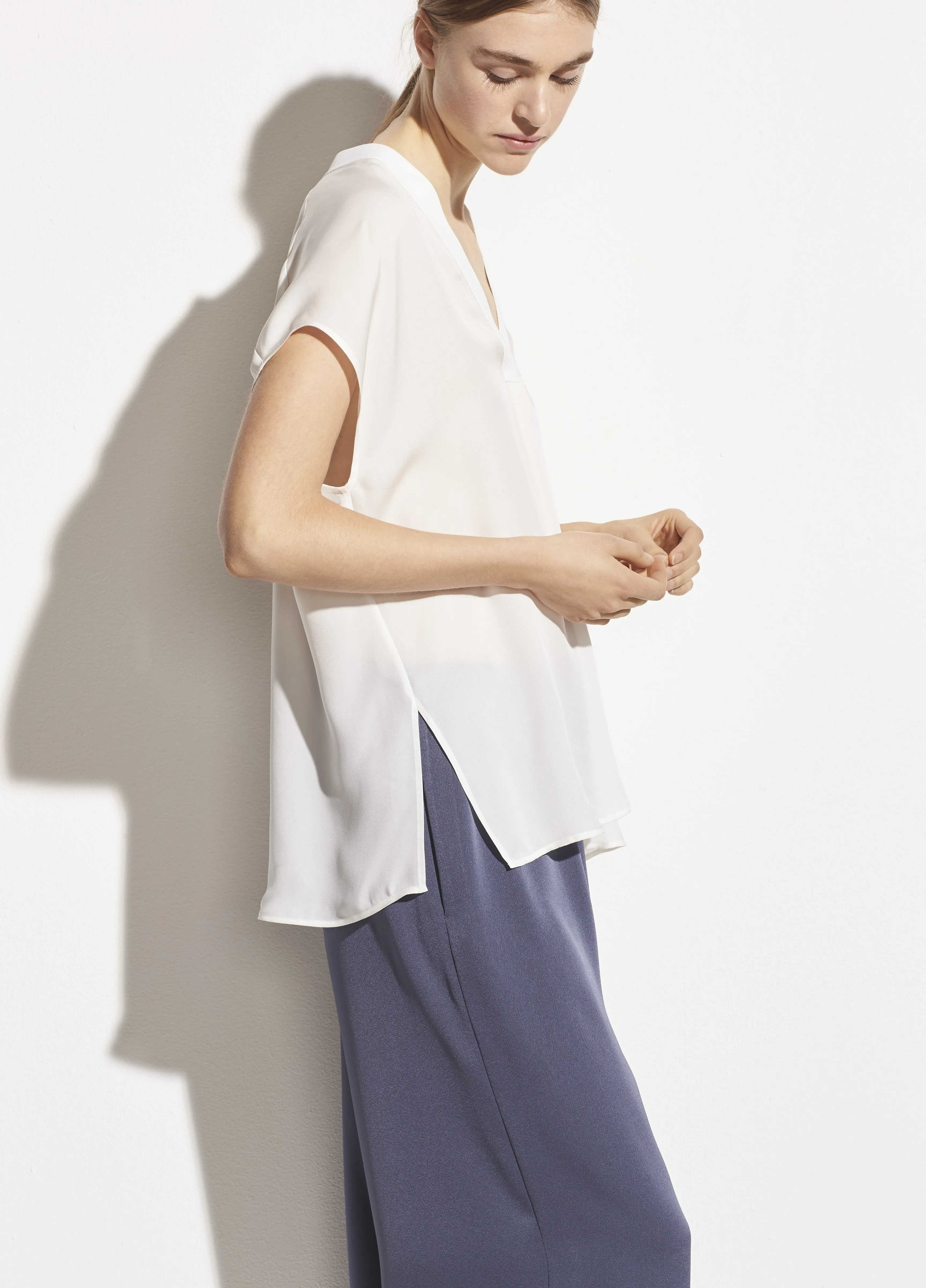 Georgette Double V-Neck Blouse in Off White