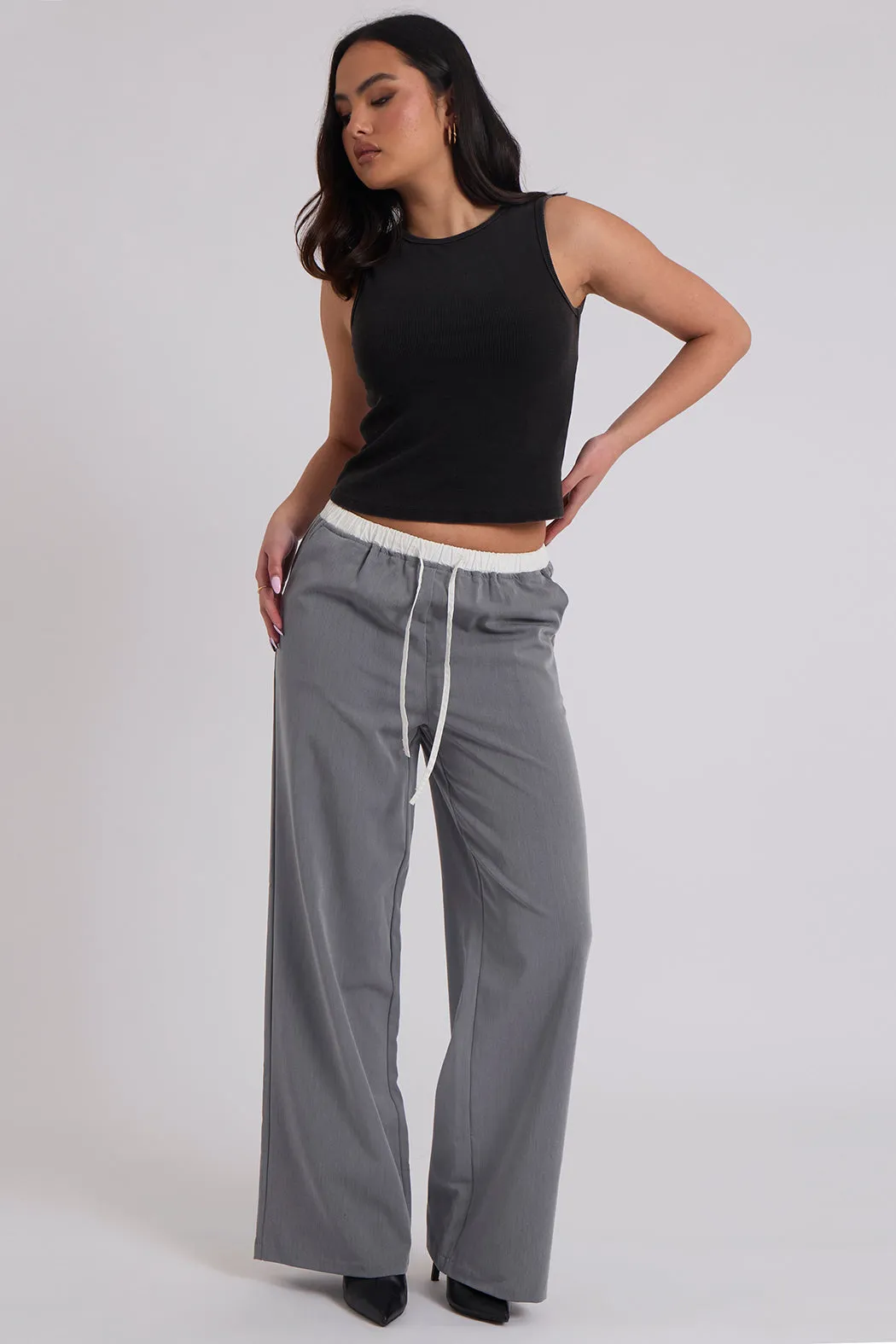 Grey Double Waistband Elasticated Trouser