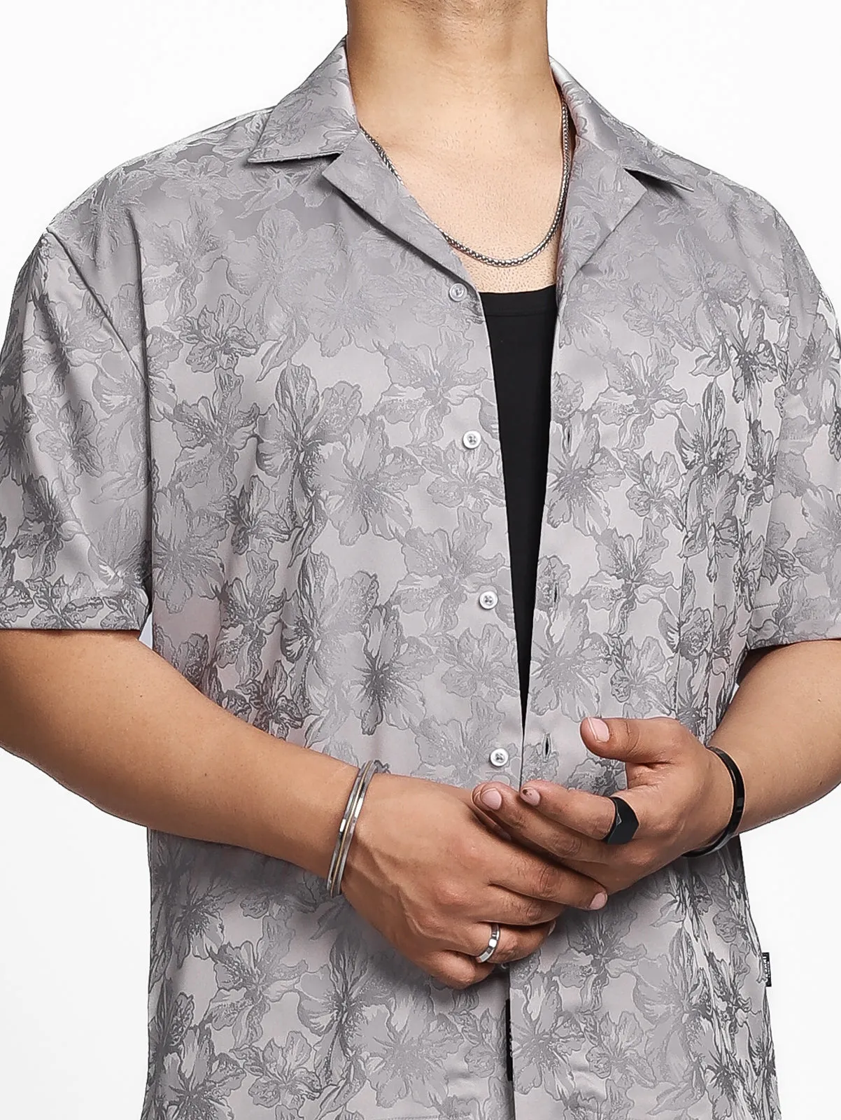 Grey Jacquard Floral Relaxed Shirt