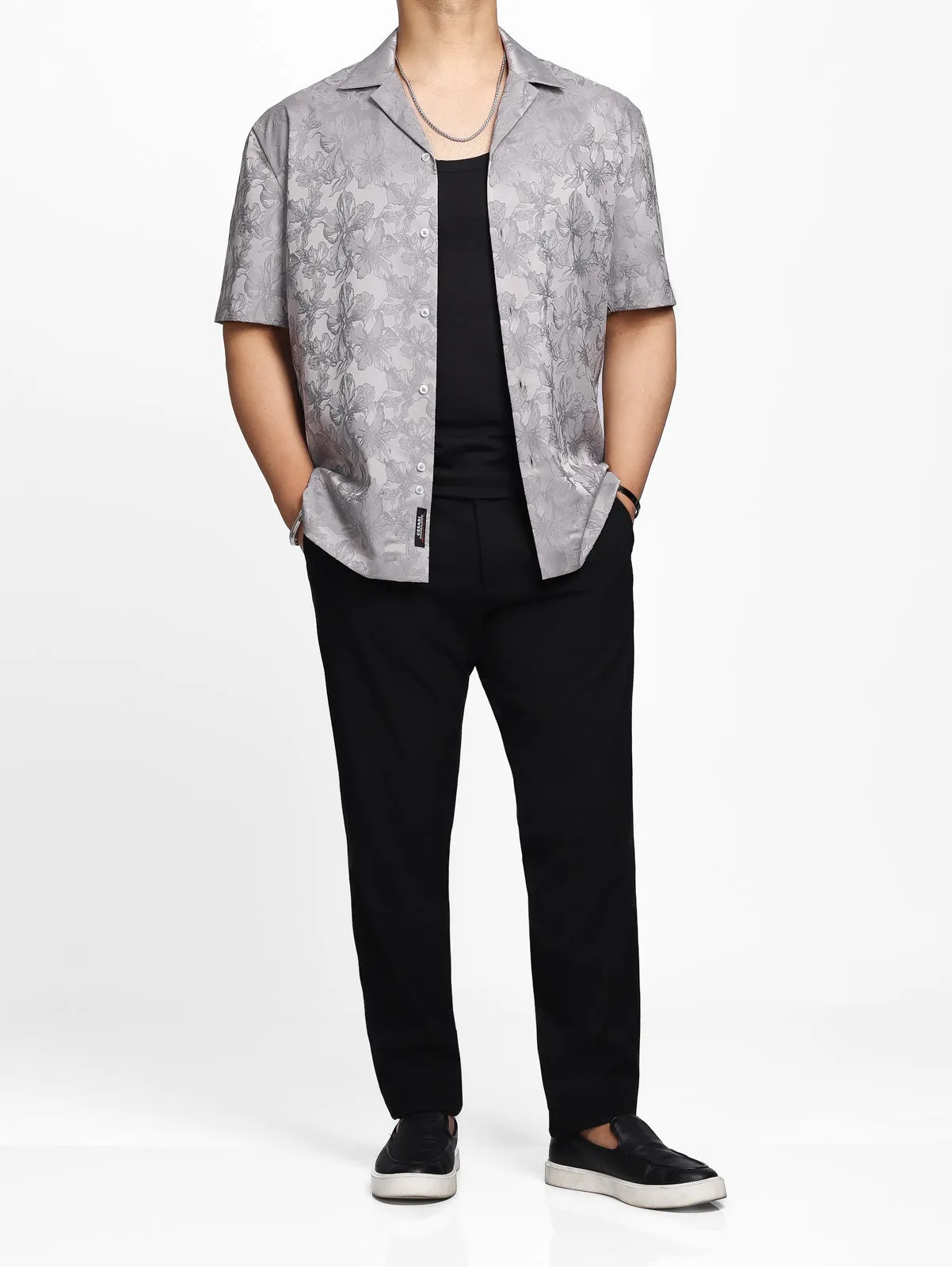 Grey Jacquard Floral Relaxed Shirt