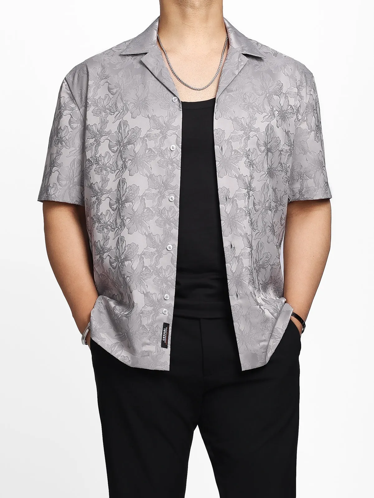 Grey Jacquard Floral Relaxed Shirt