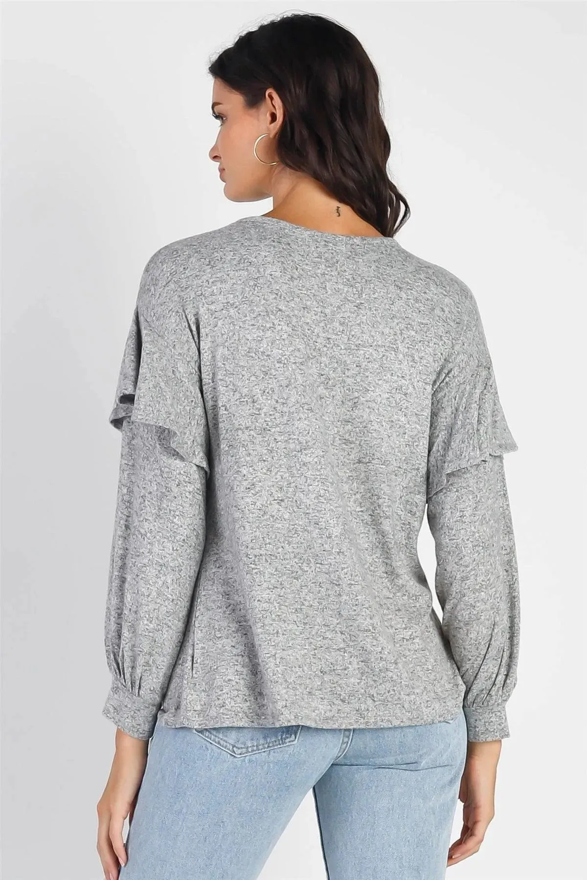 Heather Grey Ruffle Shoulder Detail Long Sleeve Top