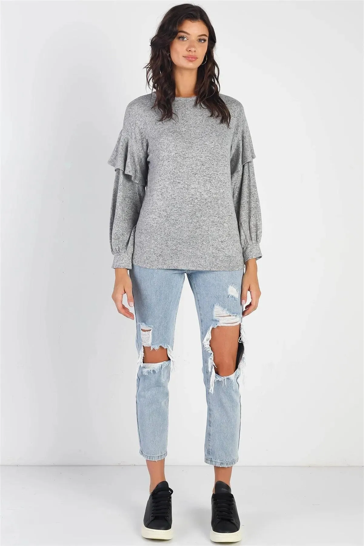 Heather Grey Ruffle Shoulder Detail Long Sleeve Top