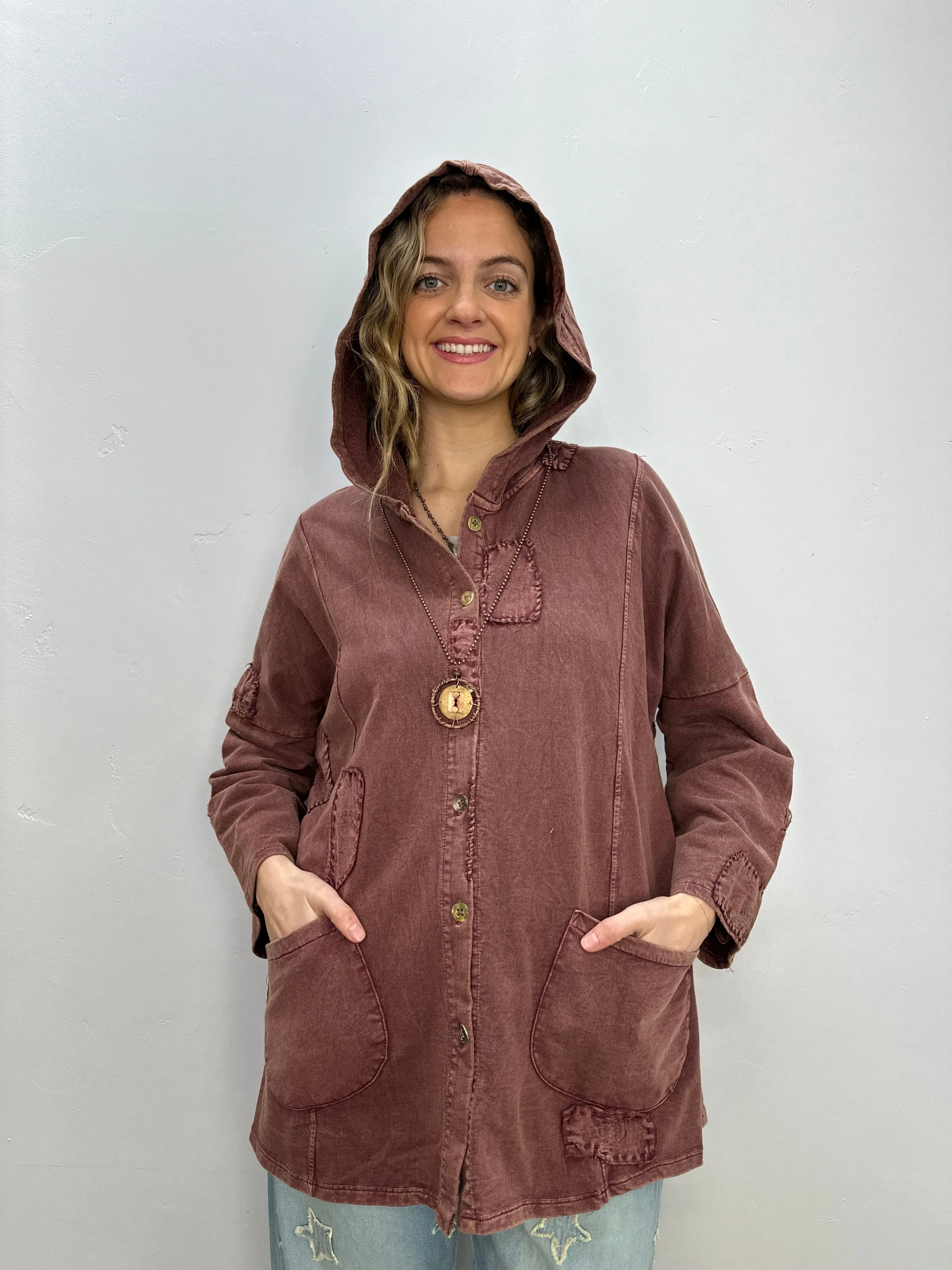 Hooded French Terry Vintage Wash Jacket with Patches