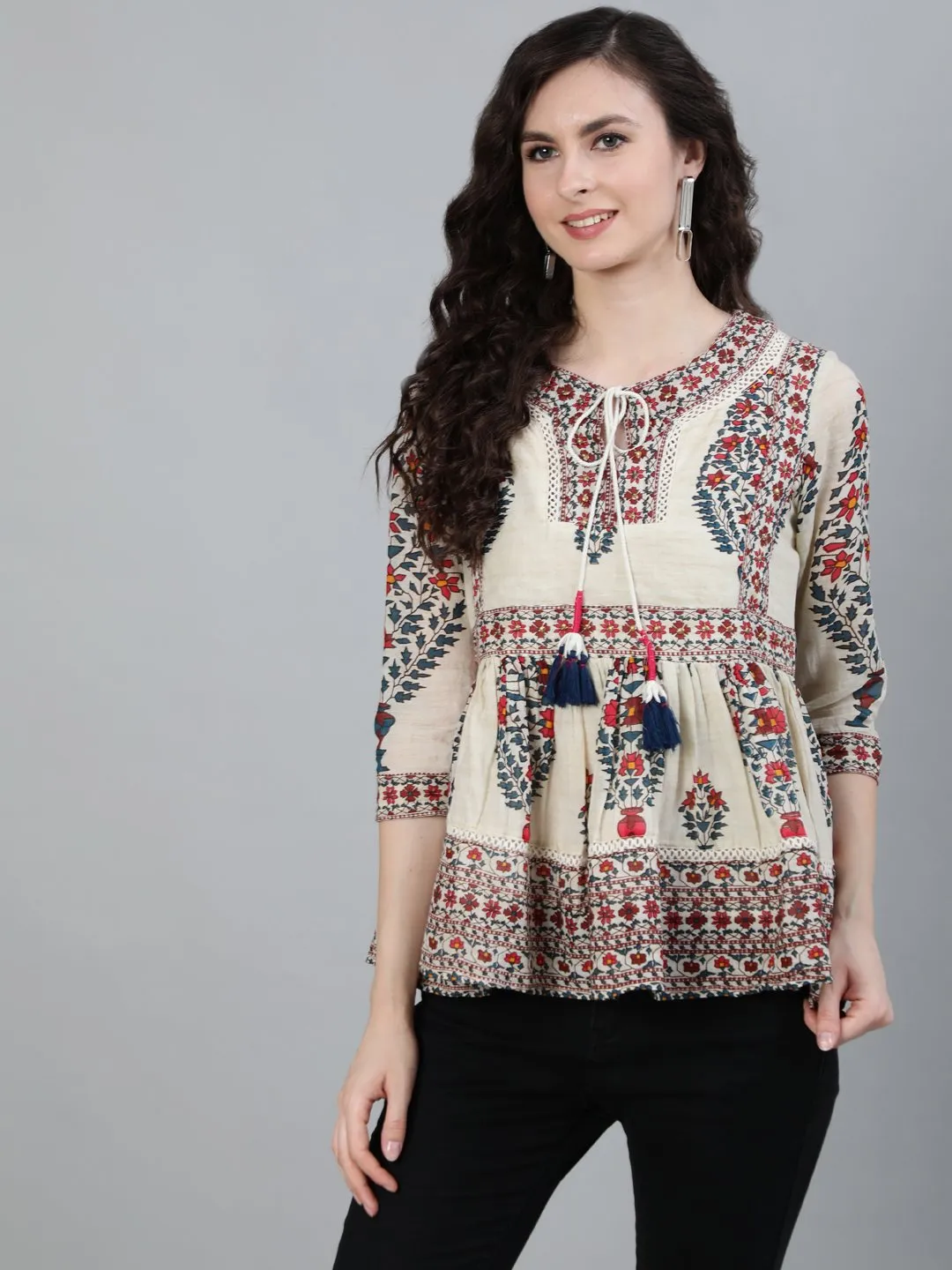 Ishin Women's Off White Embellished A-Line Top