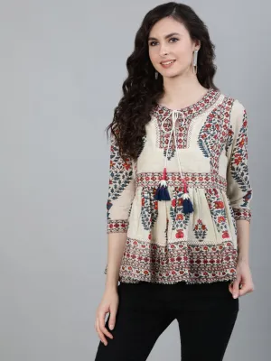 Ishin Women's Off White Embellished A-Line Top