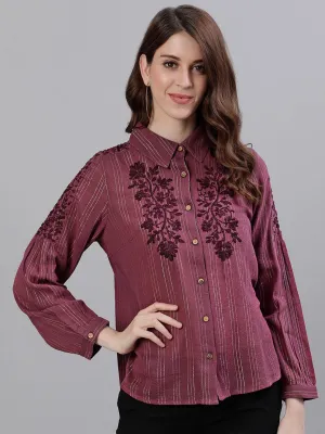 Ishin Women's Purple Floral Striped Embroidered Shirt Style Top