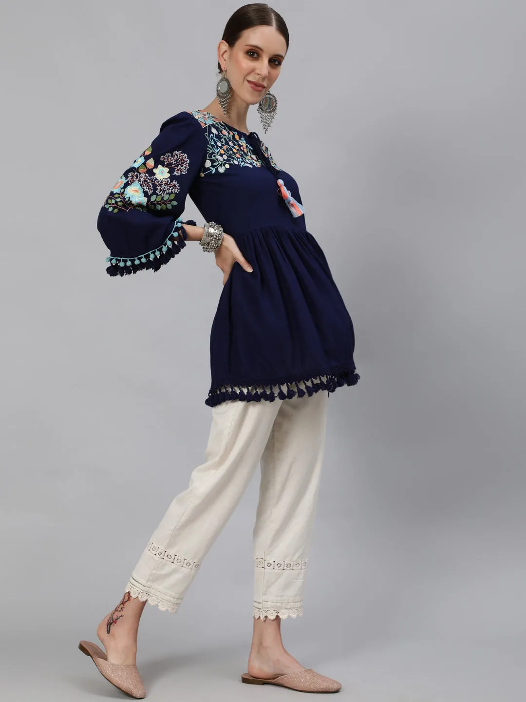 Ishin Women's Rayon Navy Blue Embroidered A-Line Top